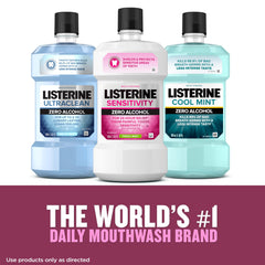 Bathroom routine scene featuring Listerine Sensitivity Mouthwash for sensitive teeth.
