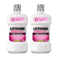 Listerine Sensitivity Zero Alcohol Mouthwash bottle with Fresh Mint label for daily use.