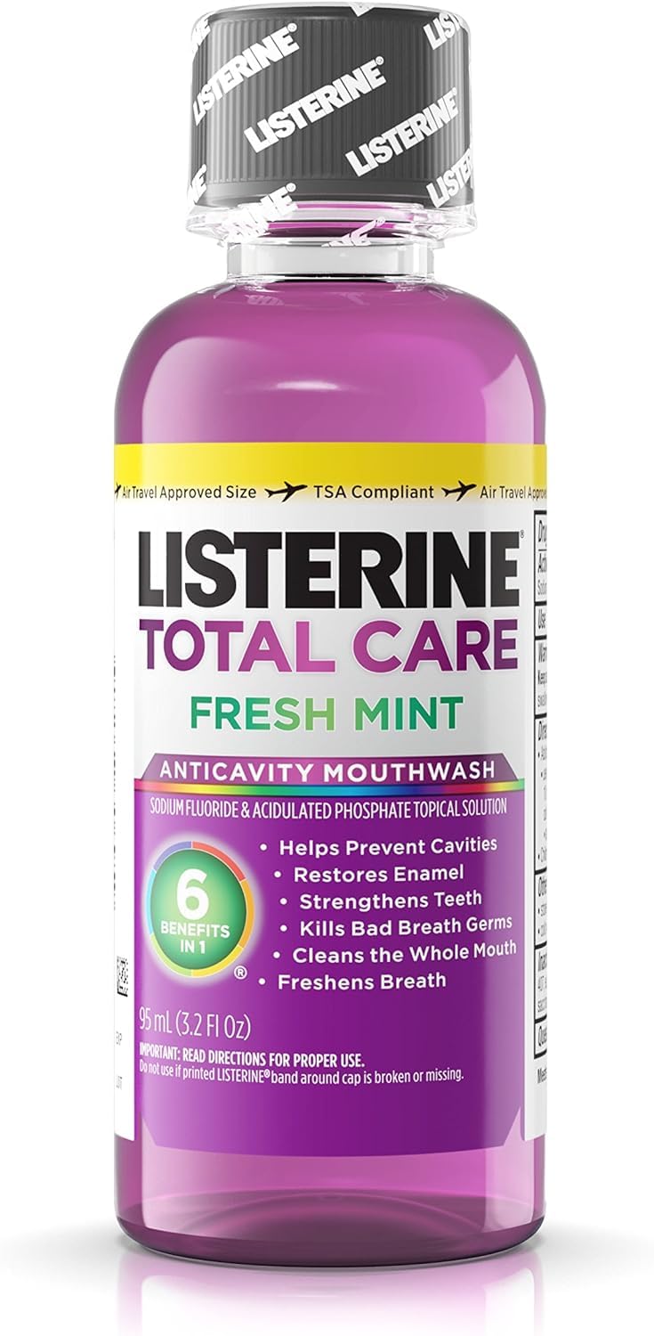 Listerine Total Care mint mouthwash bottle for daily oral care.