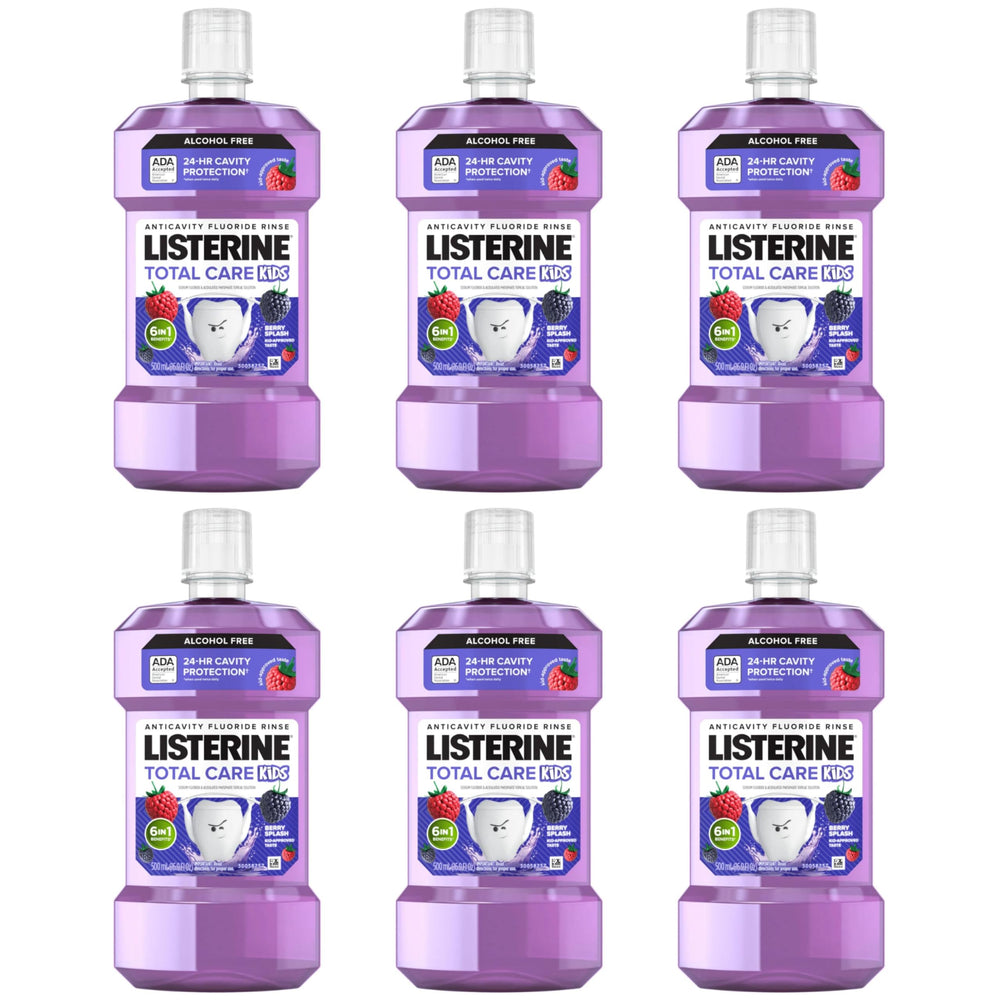 Listerine Total Care Kids Berry Splash bottle for kid-friendly cavity protection.