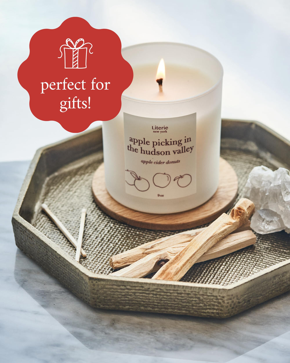 Literie vegan soy coconut wax blend offers clean burn.