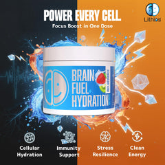 Lithios Brain Fuel Plus Hydration Mix packaging shows electrolytes and vitamins.