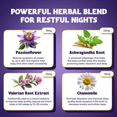 Ingredients spotlight on magnesium and herbal blend for relaxation.