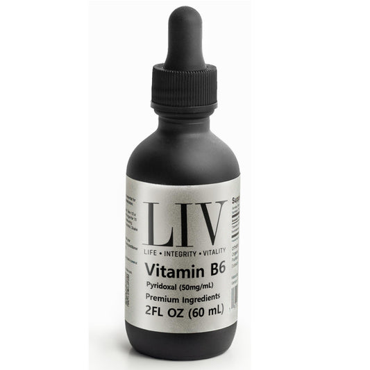 LIV liquid vitamin B6 drops showing the body-ready P-5-P form for easy dosing.