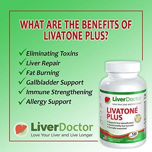 Capsules taken with water beside Livatone Plus bottle.