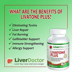 Capsules taken with water beside Livatone Plus bottle.