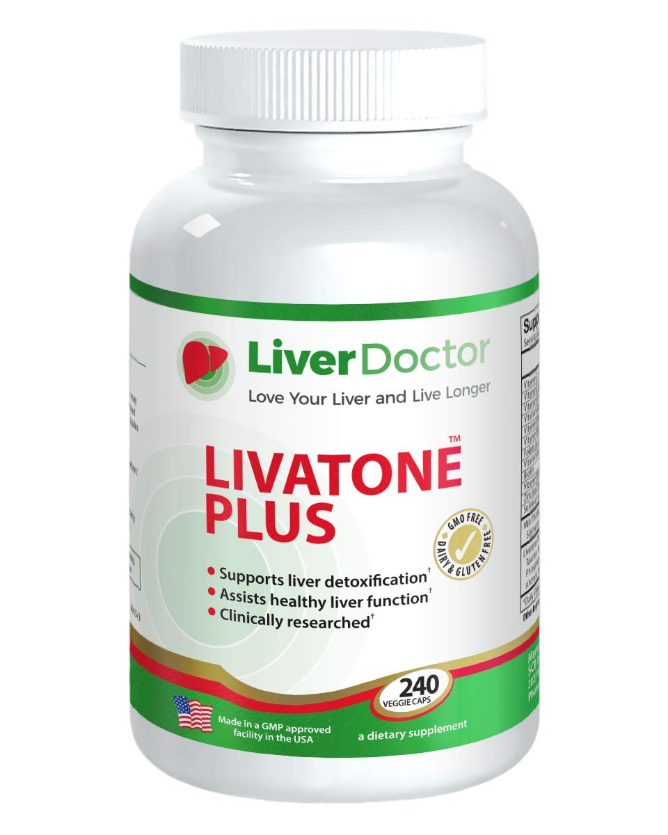 Livatone Plus bottle with liver detox capsules offering detox support.