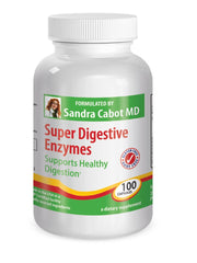 Livatone Super Digestive Enzymes bottle label highlighting digestion-friendly ingredients.