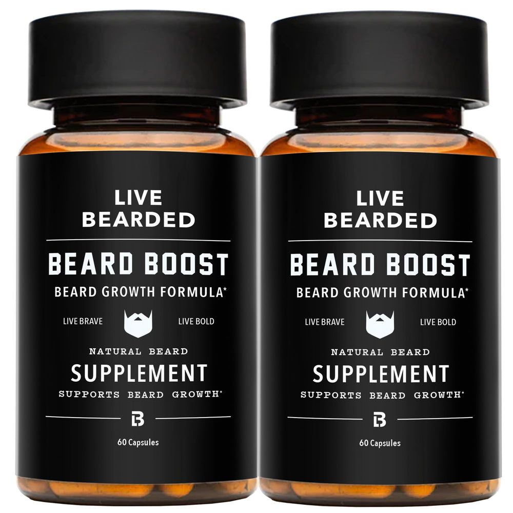 Live Bearded Beard Boost bottle label highlights premium growth support