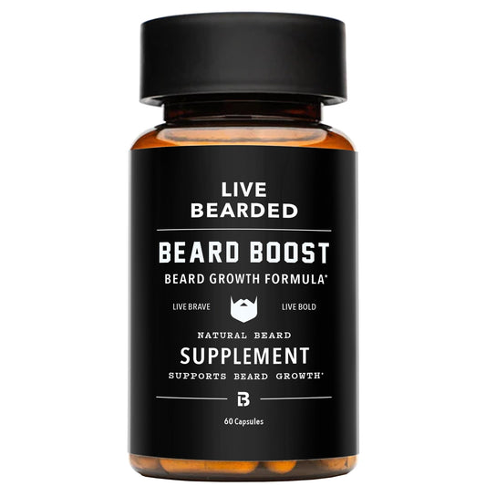 Live Bearded Beard Boost bottle with capsules for thicker facial hair growth.