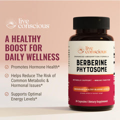 Live Conscious Berberine Phytosome bottle pour demonstrates quick daily serving for metabolism.