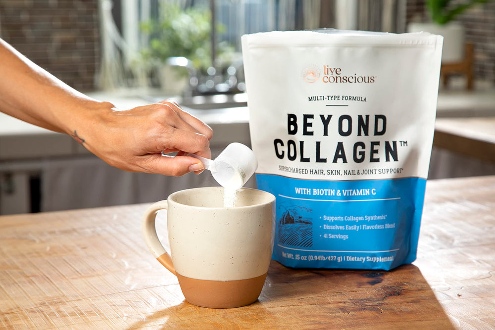 Live Conscious Beyond Collagen 41 servings label indicating long-term use