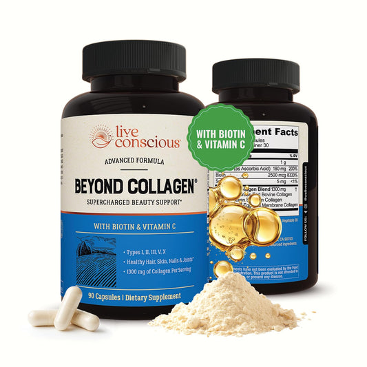 Live Conscious Beyond Collagen bottle label close-up highlighting five collagen types for skin and nails