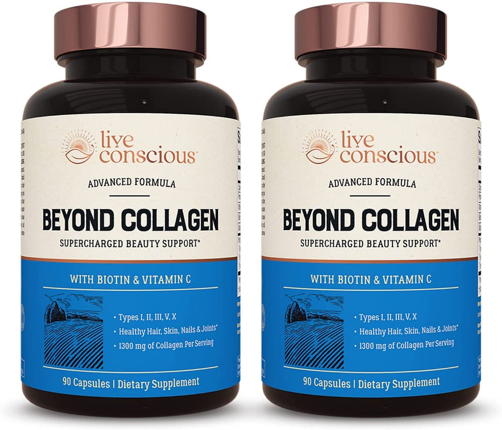 Live Conscious Beyond Collagen bottle promotes daily wellness.