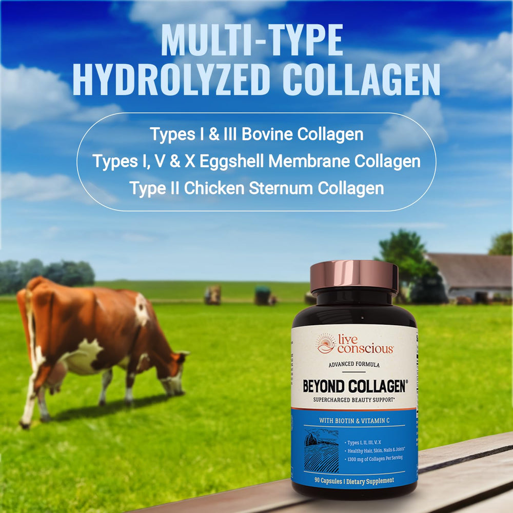Live Conscious Beyond Collagen capsules close-up for everyday skin and hair support