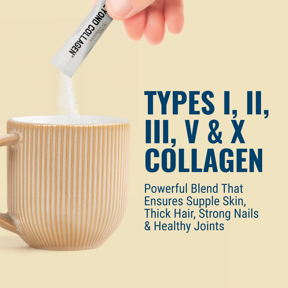 This image highlights Live Conscious Beyond Collagen ingredients, including five collagen types and essential nutrients.