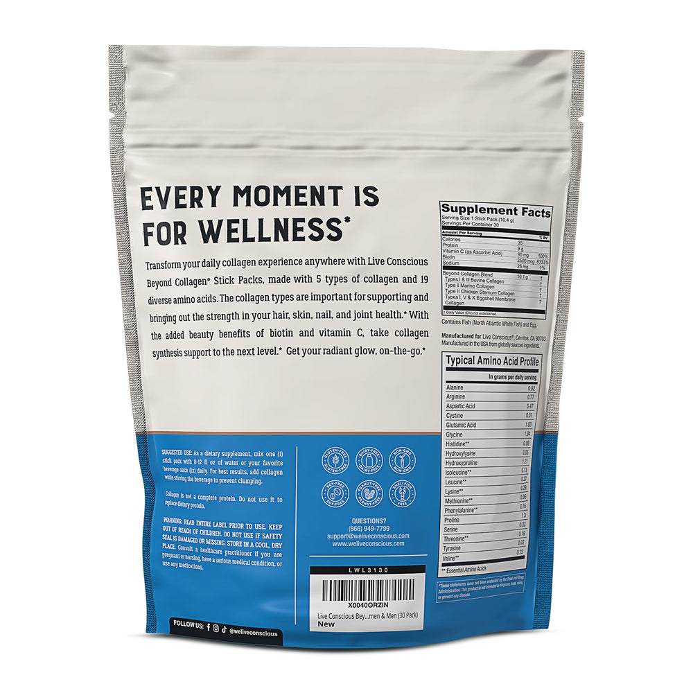 This image shows Live Conscious Beyond Collagen packaging, emphasizing a compact, travel-friendly single-serve format.