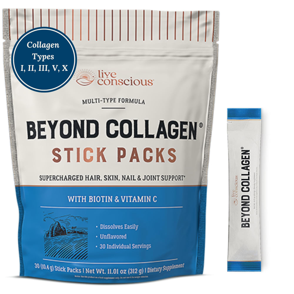 This image shows Live Conscious Beyond Collagen packets unflavored for convenient on-the-go beauty support.