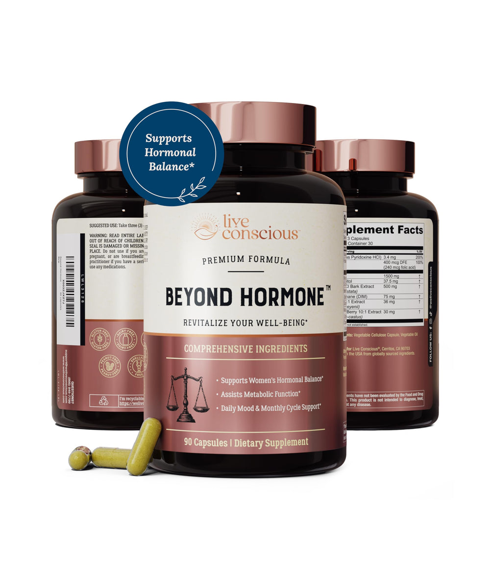 Live Conscious Beyond Hormone bottle pour for easy daily balance support.