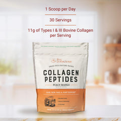 Live Conscious peach mango collagen in a smoothie for convenient use