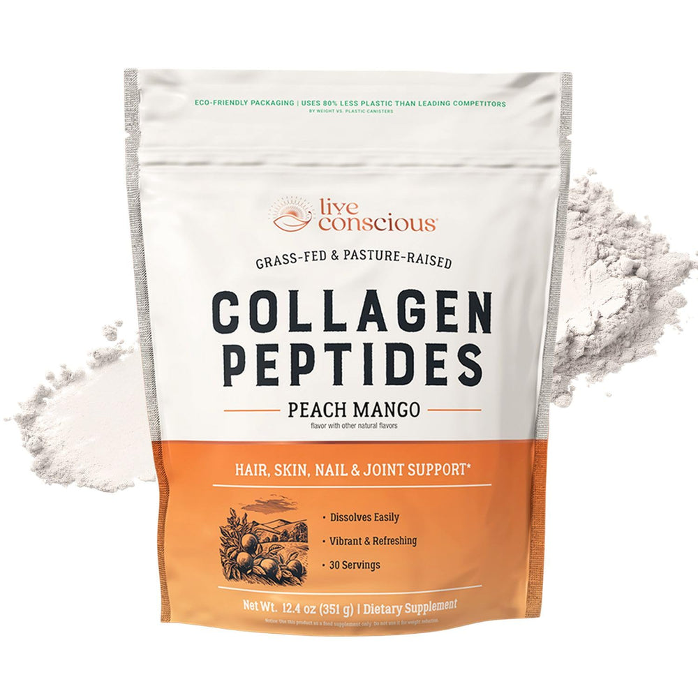 Live Conscious Collagen Peptides Peach Mango tub front, flavor preview and packaging
