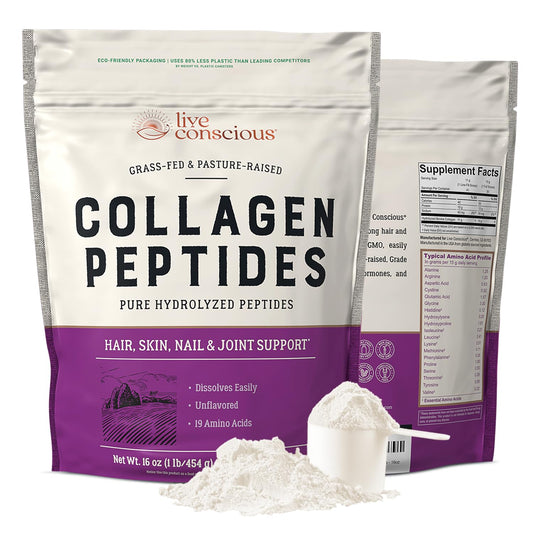 Live Conscious Collagen Peptides bottle closeup showing grass-fed Type I and III powder