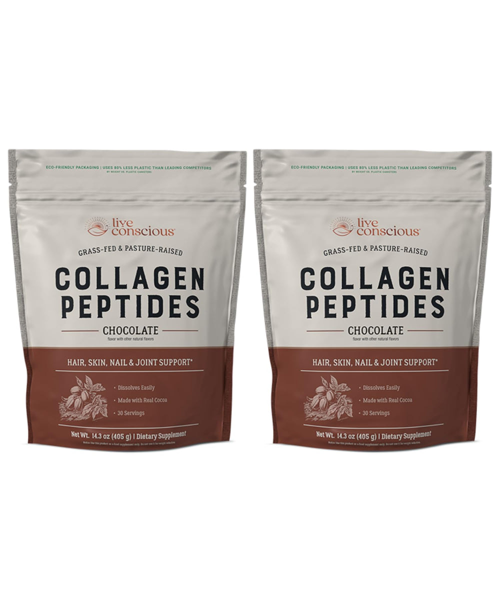 Live Conscious collagen powder chocolate packaging shows premium grass-fed formula for daily use