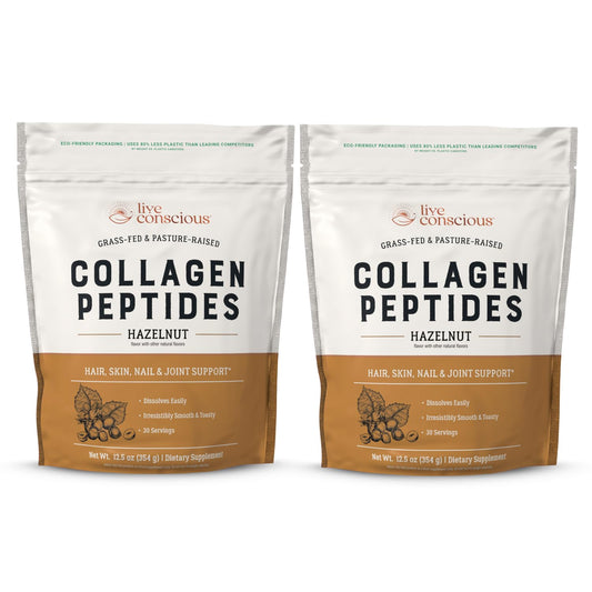 Live Conscious Collagen Powder hazelnut bottle shows premium grass-fed collagen types I & III for skin, hair, nails.