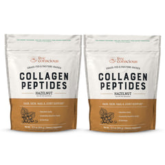 Live Conscious Collagen Powder hazelnut bottle shows premium grass-fed collagen types I & III for skin, hair, nails.