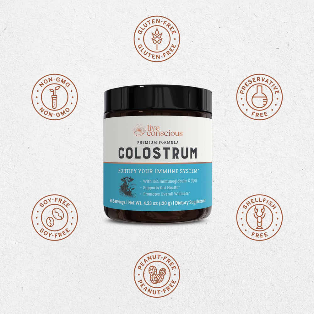 Live Conscious colostrum powder in white bowl showing fine texture.