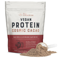 Live Conscious Cosmic Cacao protein powder jar for smooth shakes and post-workout nourishment.