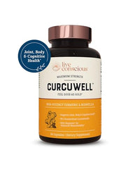 Live Conscious CurcuWell capsules close-up highlighting curcuminoids for joint health