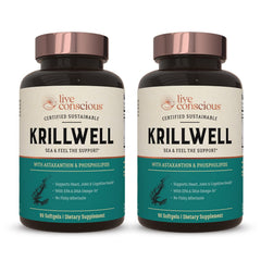 Live Conscious KrillWell softgel bottle on table emphasizes joint and cognitive support.