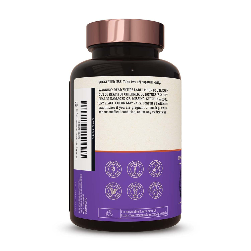 Live Conscious KSM-66 Ashwagandha bottle on a clean desk
