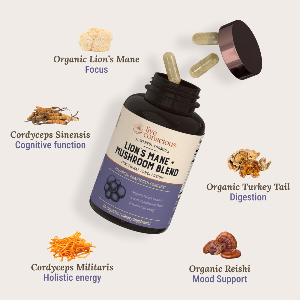 Live Conscious Lions Mane capsules close-up showing smooth, easy-to-take capsules.