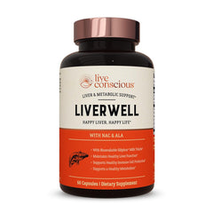 Live Conscious LiverWell bottle front view for liver support and antioxidant benefits