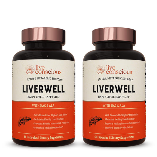 Live Conscious LiverWell bottle label highlighting liver cleansing support with bioavailable milk thistle.