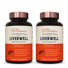 Live Conscious LiverWell bottle label highlighting liver cleansing support with bioavailable milk thistle.