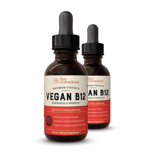 Live Conscious vegan B12 drops with under-tongue dropper for fast absorption and energy support.