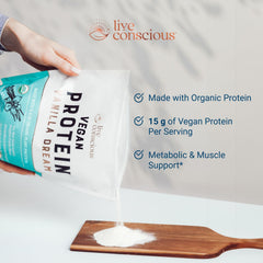 Live Conscious Vanilla Dream vegan pea protein shake pour demonstrates quick, creamy mixing.