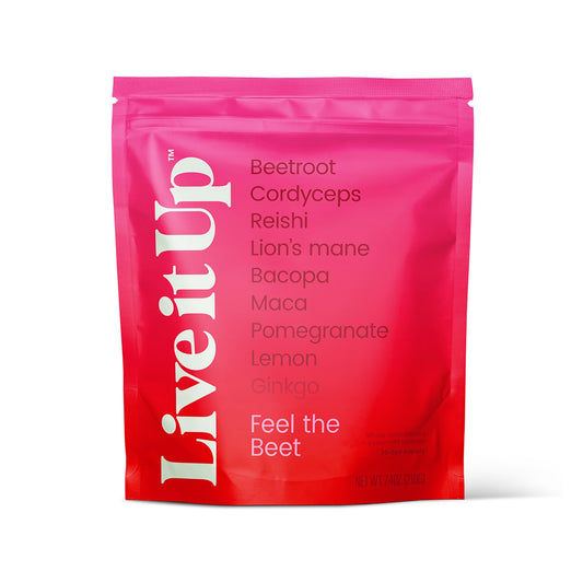 LIVE IT UP Feel The Beet bottle pour shows a refreshing energy-boosting moment.