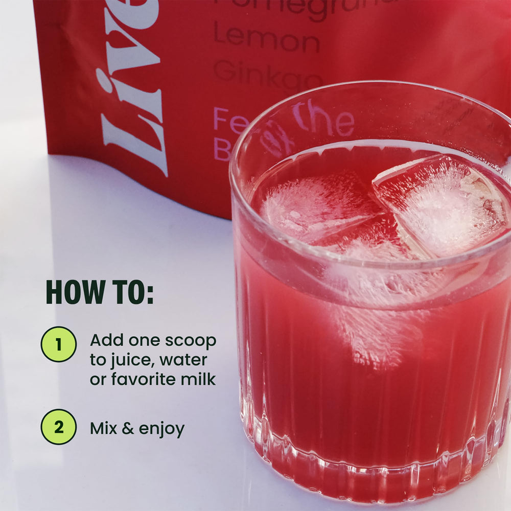LIVE IT UP Feel The Beet mushroom blend spoon reveals premium ingredients.