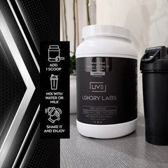 LIVE LGNDRY LABS creamy whey mixes smoothly in a shaker bottle.