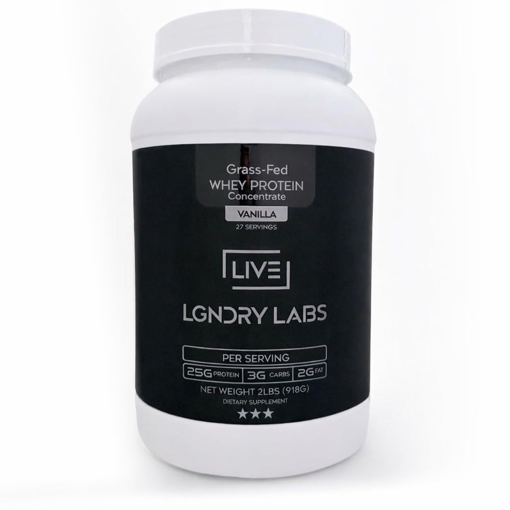 LIVE LGNDRY LABS vanilla whey powder bottle for smooth shakes with clean taste.