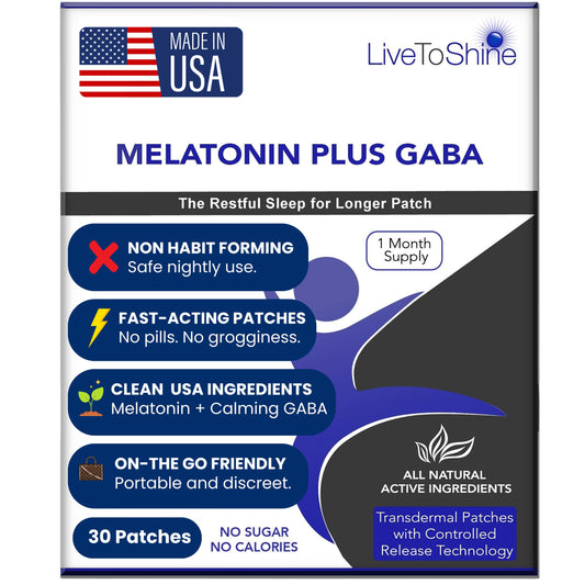 Live To Shine melatonin patch packaging close-up highlighting USA-made quality.