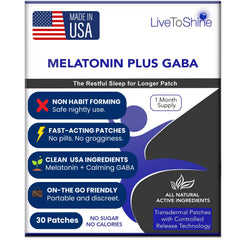 Live To Shine melatonin patch packaging close-up highlighting USA-made quality.