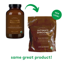 Live Ultimate Ultimate Shrooms ingredients label close-up with organic mushrooms.