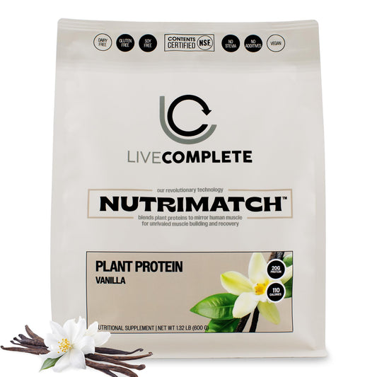LiveComplete NutriMatch Vanilla bottle shows a plant-based protein source for balanced daily nutrition.
