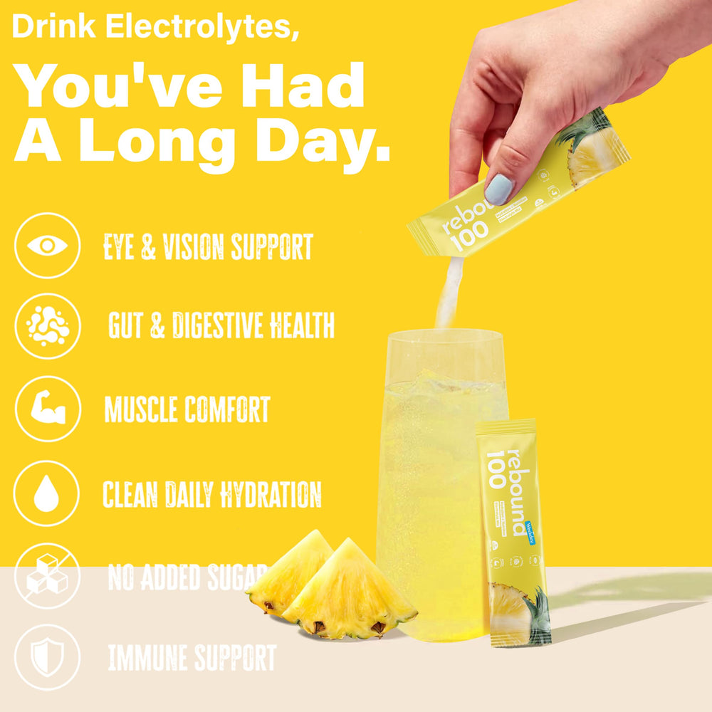 Liveen Rebound 100 electrolyte blend sachet ready to mix anytime.