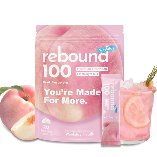 Liveen Rebound100 peach stick-pack for quick hydration on the go.